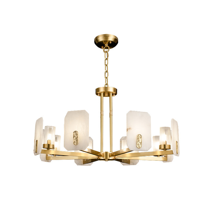 Upton Alabaster Chandelier - 1940s French Mid-Century Brass & Hand-Cut Alabaster Light | Multi-Tiered Pendant