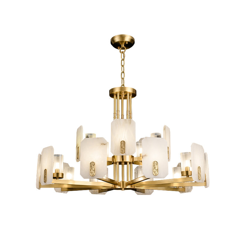 Upton Alabaster Chandelier - 1940s French Mid-Century Brass & Hand-Cut Alabaster Light | Multi-Tiered Pendant
