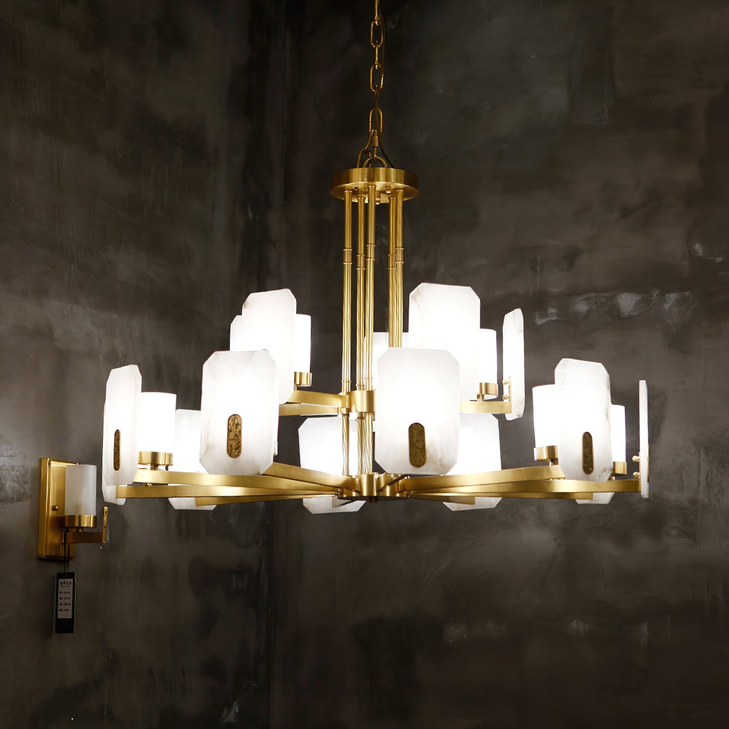 Upton Alabaster Chandelier - 1940s French Mid-Century Brass & Hand-Cut Alabaster Light | Multi-Tiered Pendant