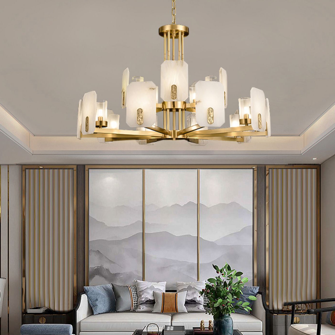 Upton Alabaster Chandelier - 1940s French Mid-Century Brass & Hand-Cut Alabaster Light | Multi-Tiered Pendant