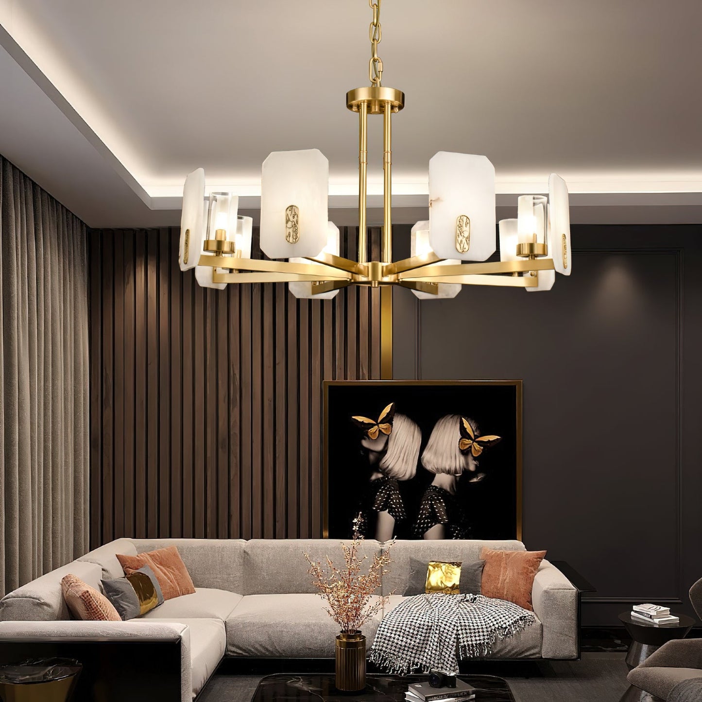 Upton Alabaster Chandelier - 1940s French Mid-Century Brass & Hand-Cut Alabaster Light | Multi-Tiered Pendant