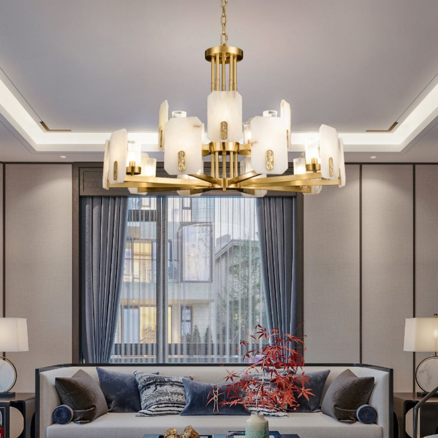 Upton Alabaster Chandelier - 1940s French Mid-Century Brass & Hand-Cut Alabaster Light | Multi-Tiered Pendant