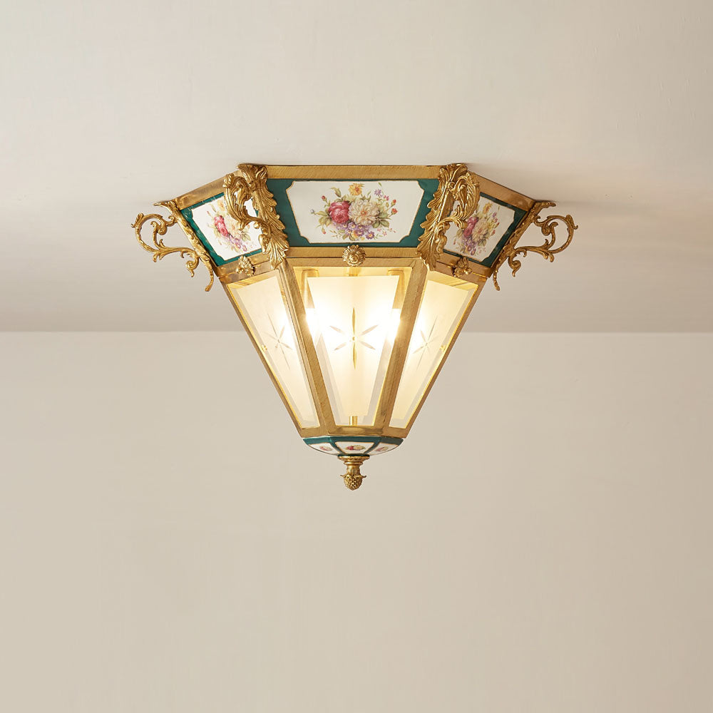 Urbanek Glass Ceiling Lamp - Handcrafted Stained Glass & Brass Semi-Flush Light | 3-Light Artisan Ceiling Fixture