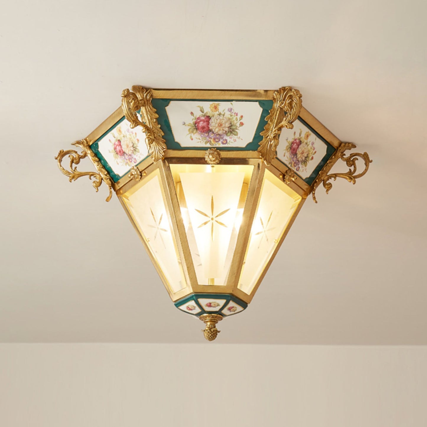Urbanek Glass Ceiling Lamp - Handcrafted Stained Glass & Brass Semi-Flush Light | 3-Light Artisan Ceiling Fixture