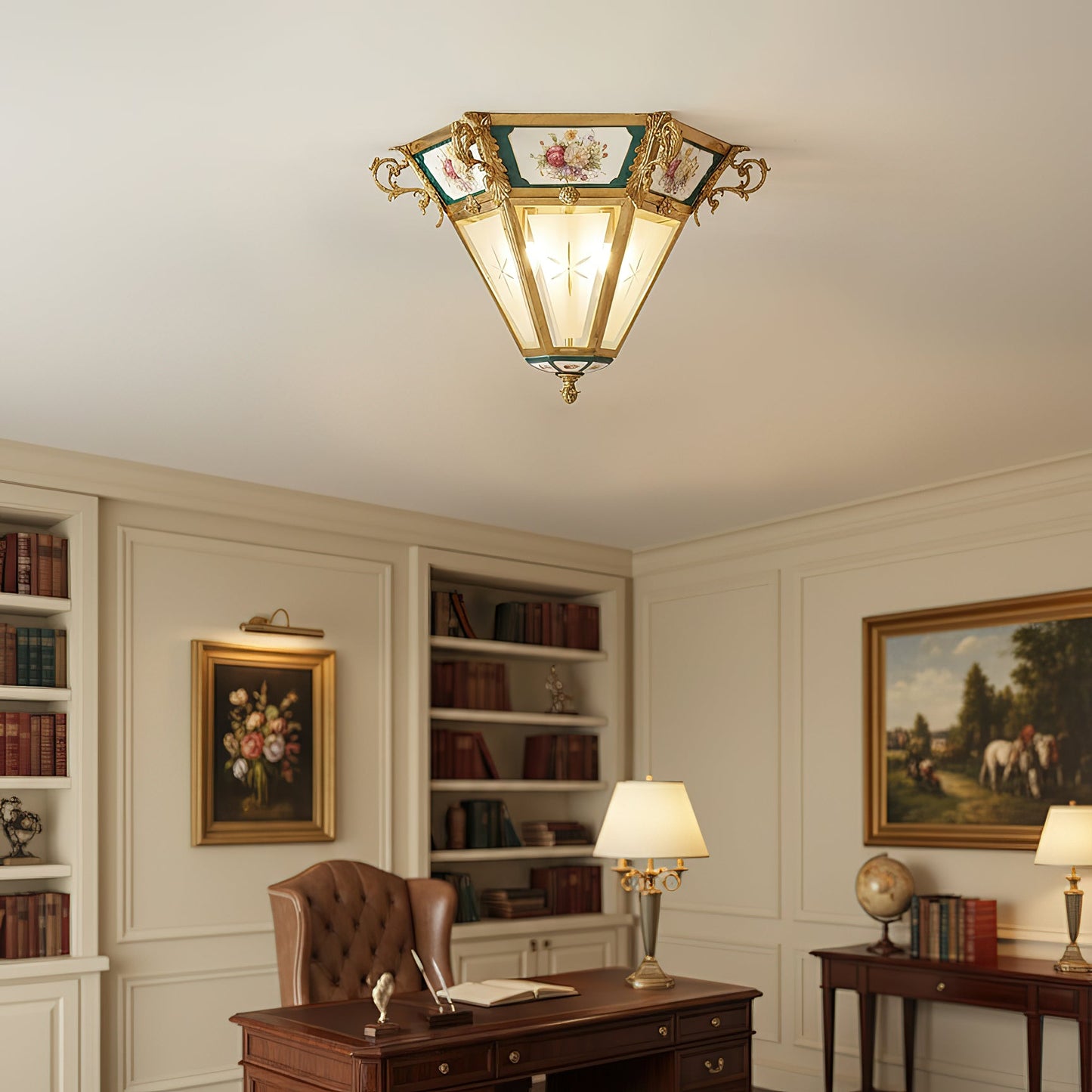 Urbanek Glass Ceiling Lamp - Handcrafted Stained Glass & Brass Semi-Flush Light | 3-Light Artisan Ceiling Fixture