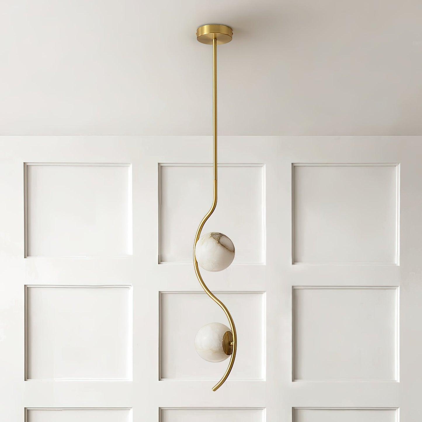 Uva Curved Pendant Lamp - Architectural Brass & Natural Alabaster Pendant | Modern Curved Stone Hanging Light