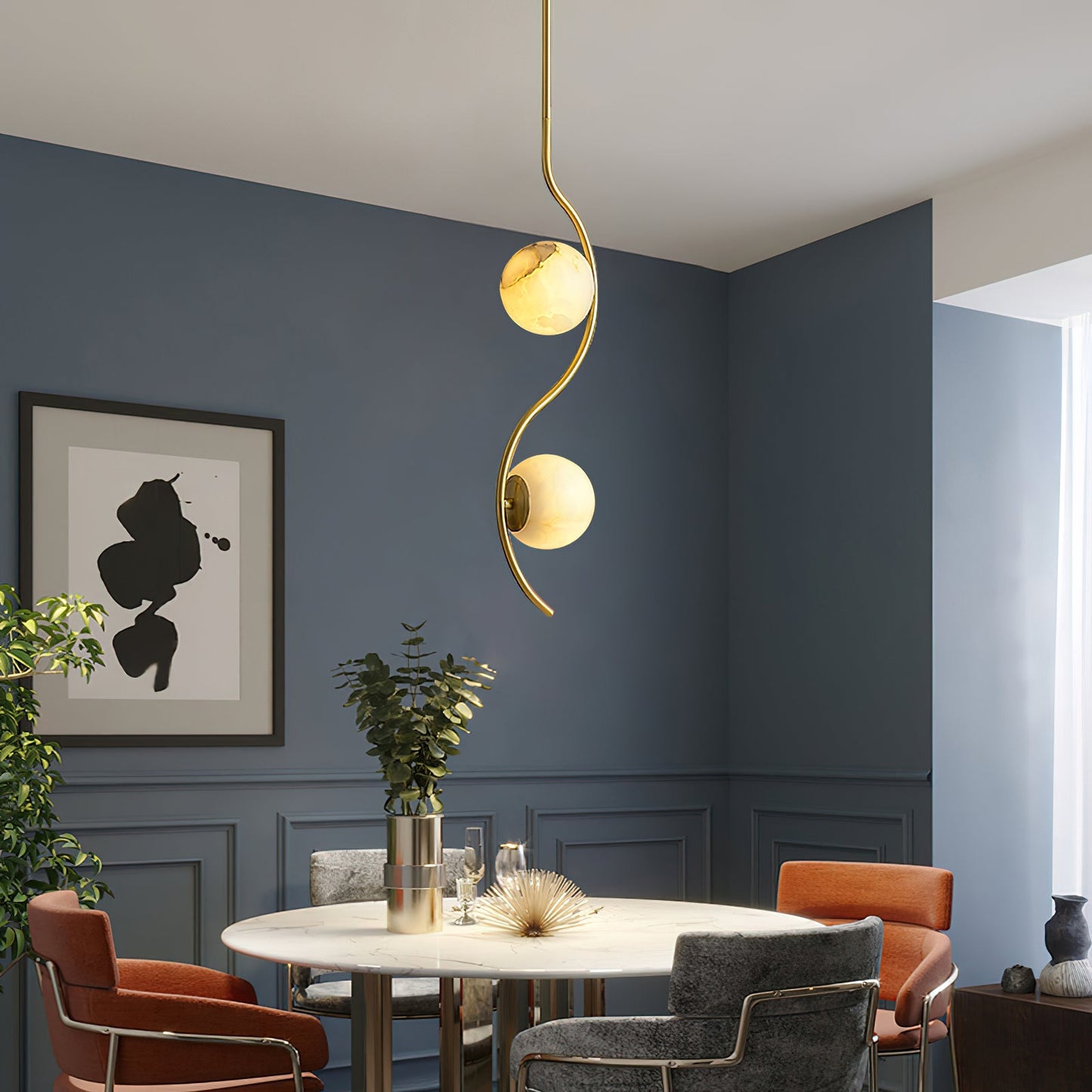 Uva Curved Pendant Lamp - Architectural Brass & Natural Alabaster Pendant | Modern Curved Stone Hanging Light