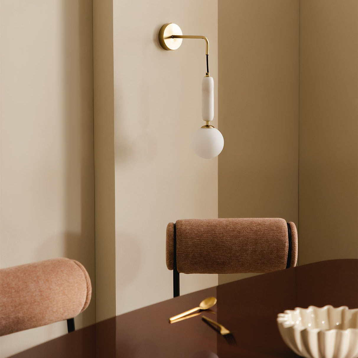 Valenes Wall Lamp - Natural Marble & Frosted Glass Globe Wall Sconce | Adjustable Bedside Reading Light