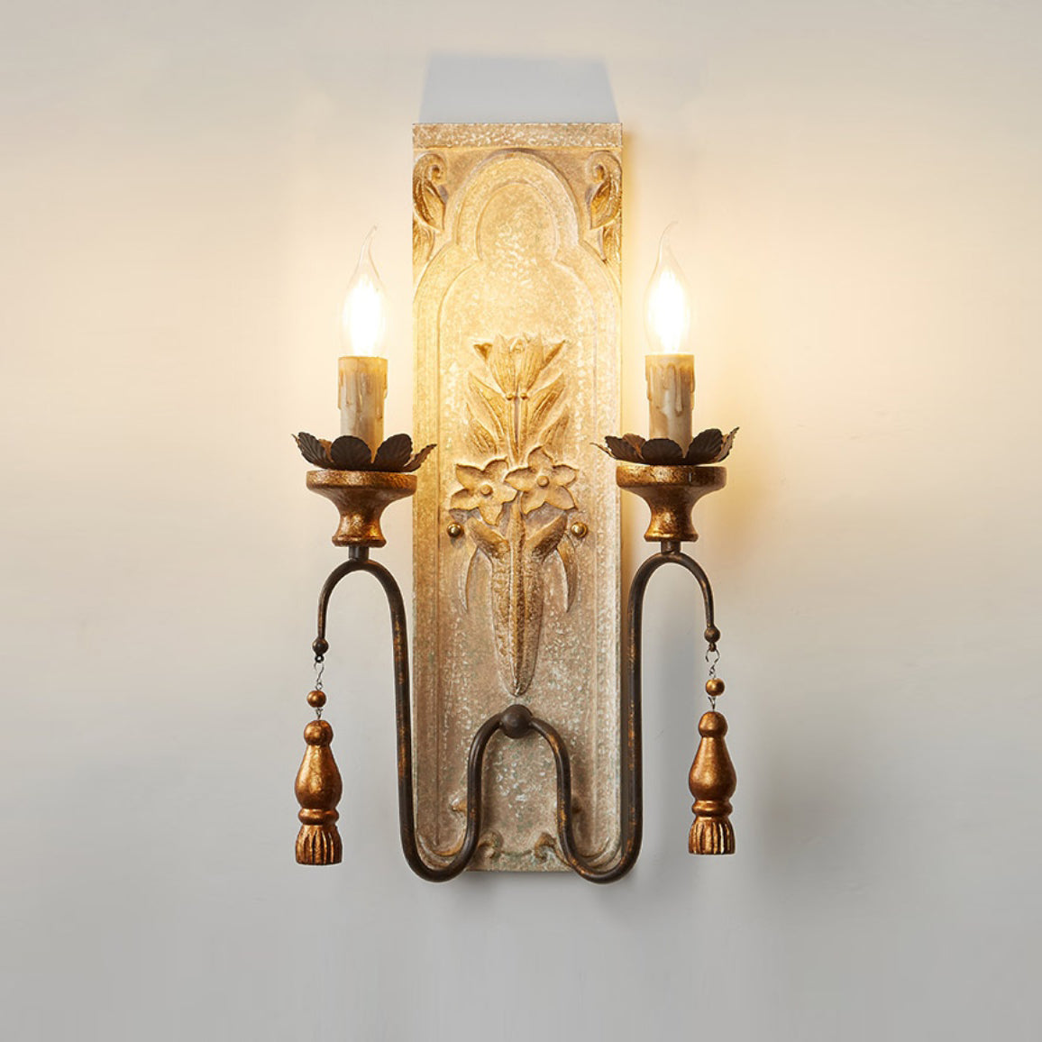 Valentina Wall Lamp - Distressed Floral Wooden Wall Sconce | Vintage French Country Tassel Finial Light