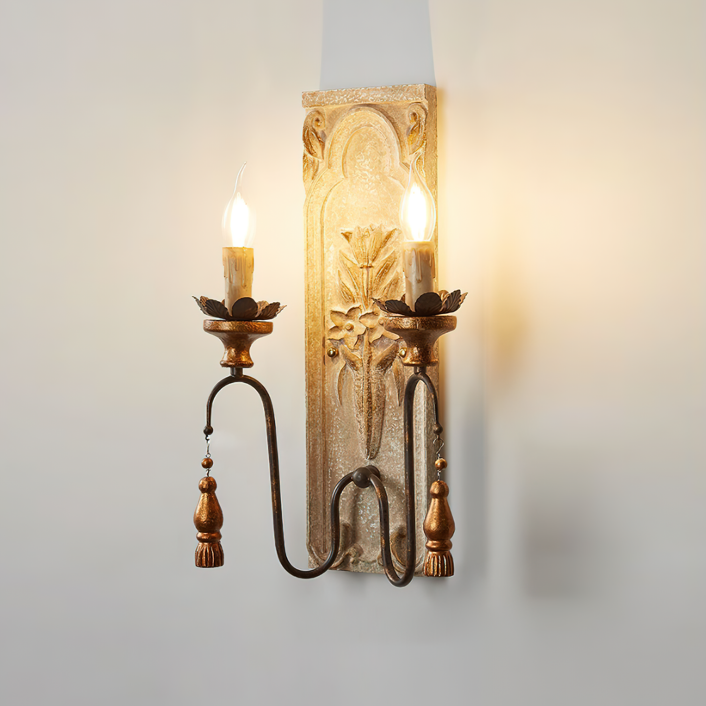 Valentina Wall Lamp - Distressed Floral Wooden Wall Sconce | Vintage French Country Tassel Finial Light