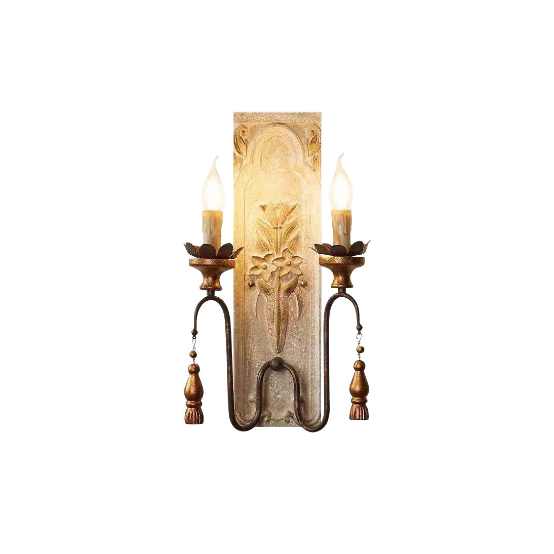 Valentina Wall Lamp - Distressed Floral Wooden Wall Sconce | Vintage French Country Tassel Finial Light