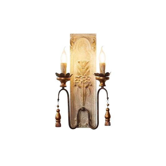Valentina Wall Lamp - Distressed Floral Wooden Wall Sconce | Vintage French Country Tassel Finial Light