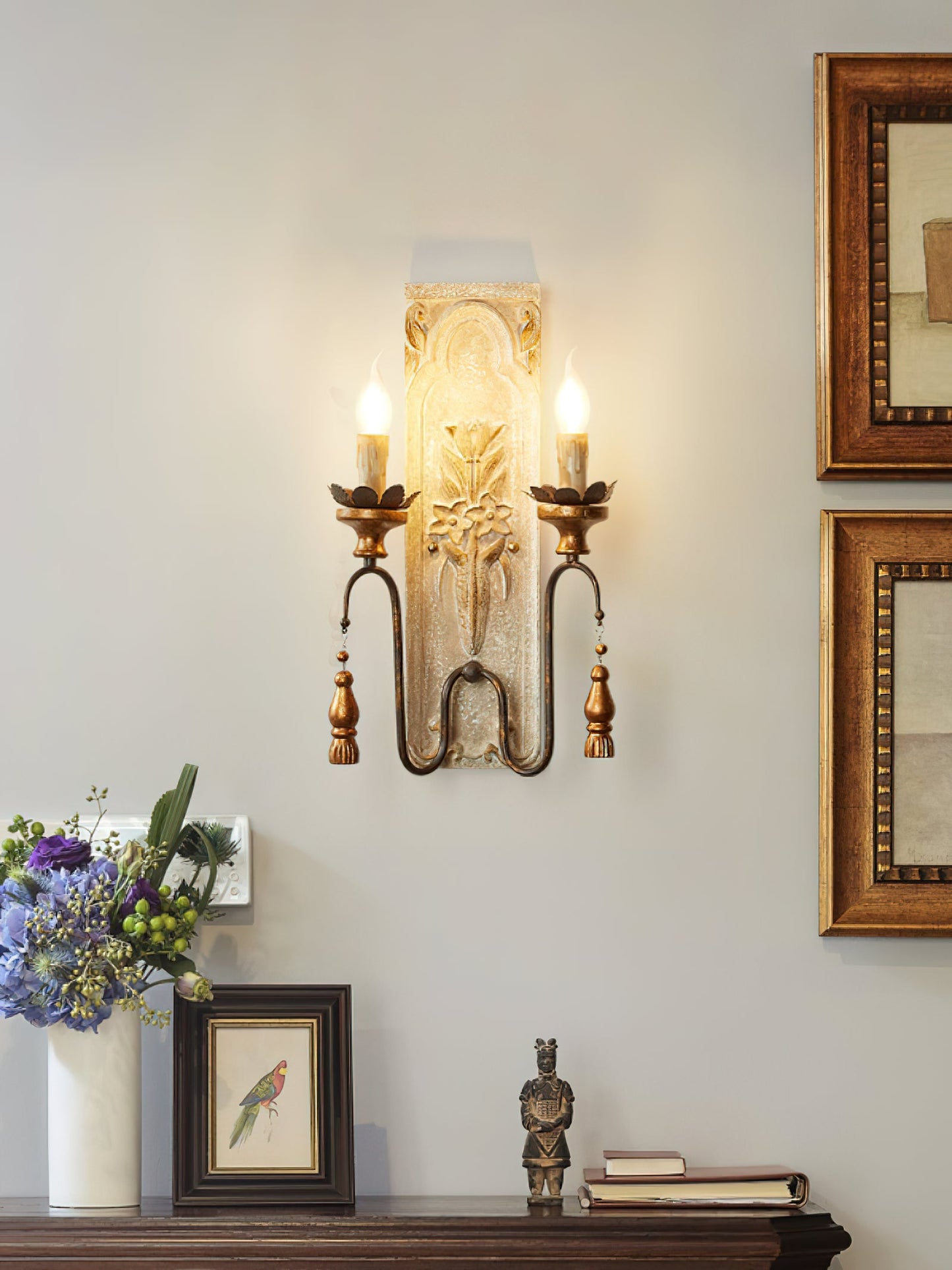 Valentina Wall Lamp - Distressed Floral Wooden Wall Sconce | Vintage French Country Tassel Finial Light