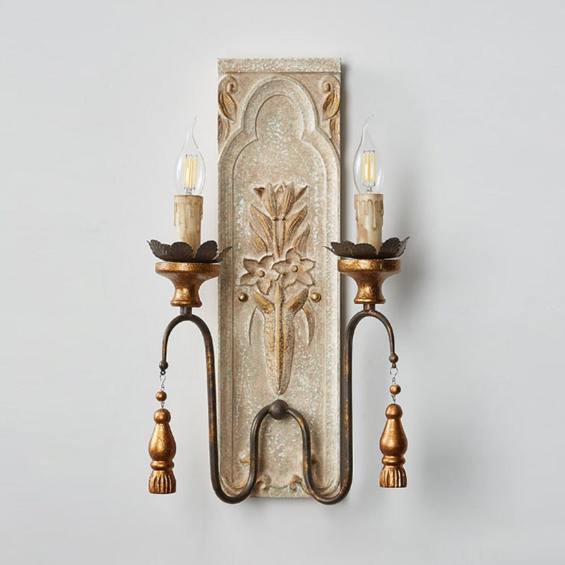 Valentina Wall Lamp - Distressed Floral Wooden Wall Sconce | Vintage French Country Tassel Finial Light