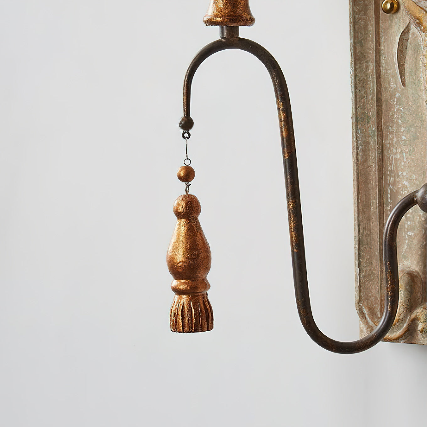 Valentina Wall Lamp - Distressed Floral Wooden Wall Sconce | Vintage French Country Tassel Finial Light