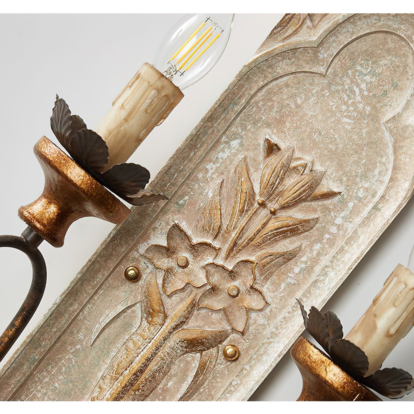 Valentina Wall Lamp - Distressed Floral Wooden Wall Sconce | Vintage French Country Tassel Finial Light