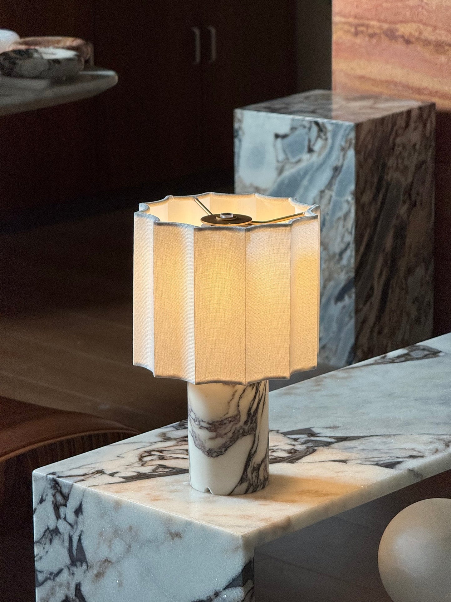 Valli Table Lamp (Built-in Battery) - Cordless Bulgari Marble Rechargeable Desk Light | Portable Fabric Shade Accent Lamp