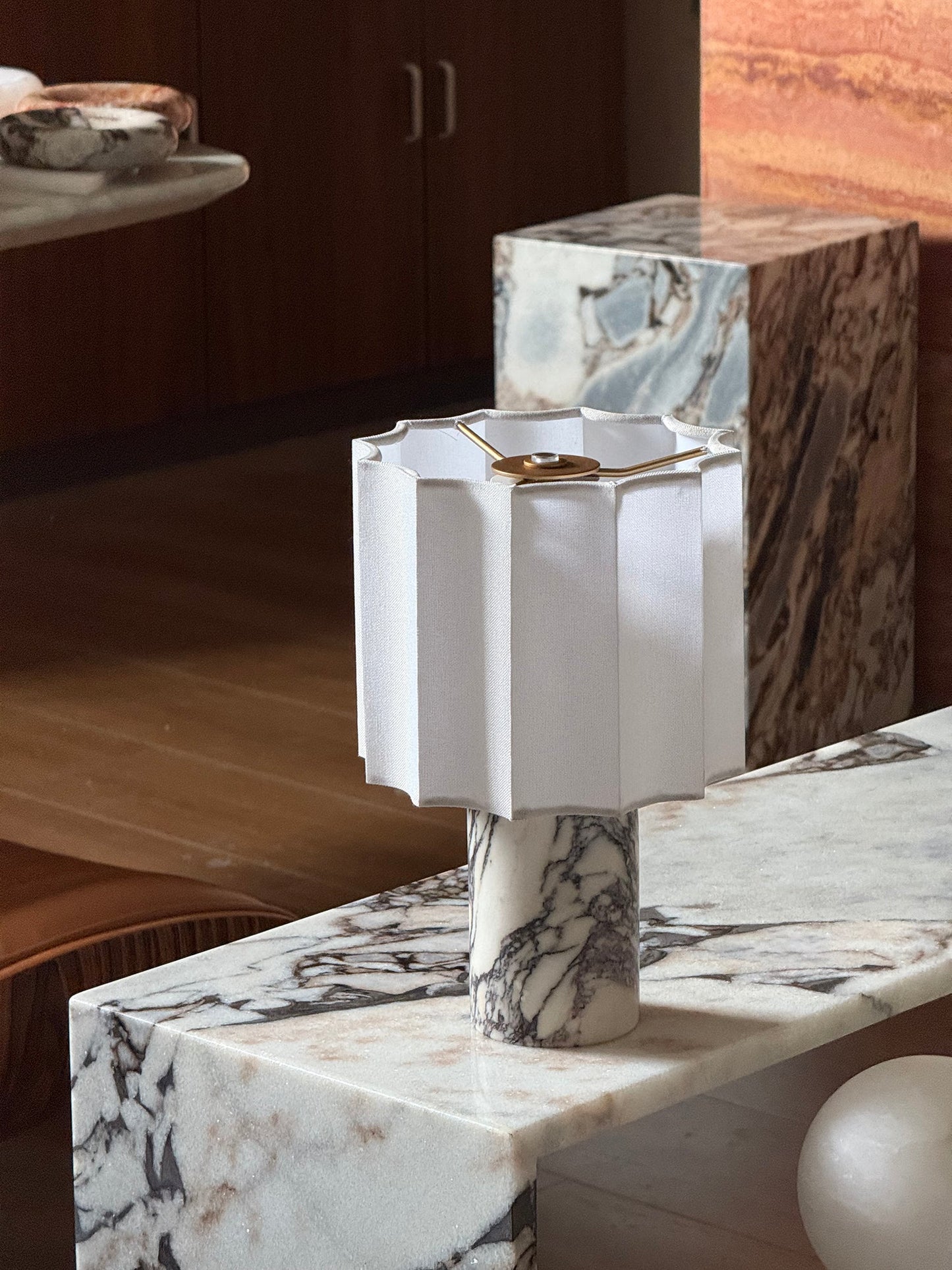 Valli Table Lamp (Built-in Battery) - Cordless Bulgari Marble Rechargeable Desk Light | Portable Fabric Shade Accent Lamp