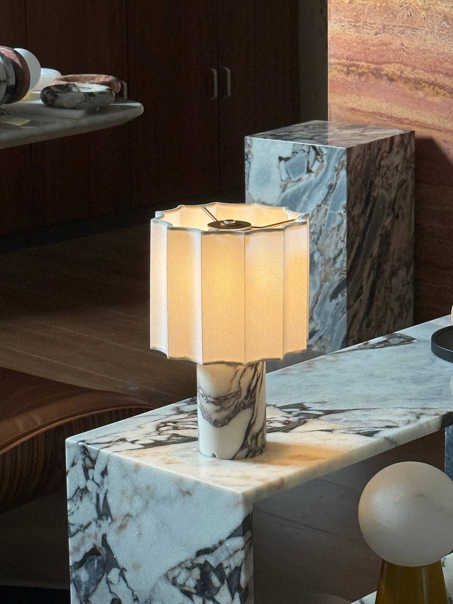 Valli Table Lamp (Built-in Battery) - Cordless Bulgari Marble Rechargeable Desk Light | Portable Fabric Shade Accent Lamp