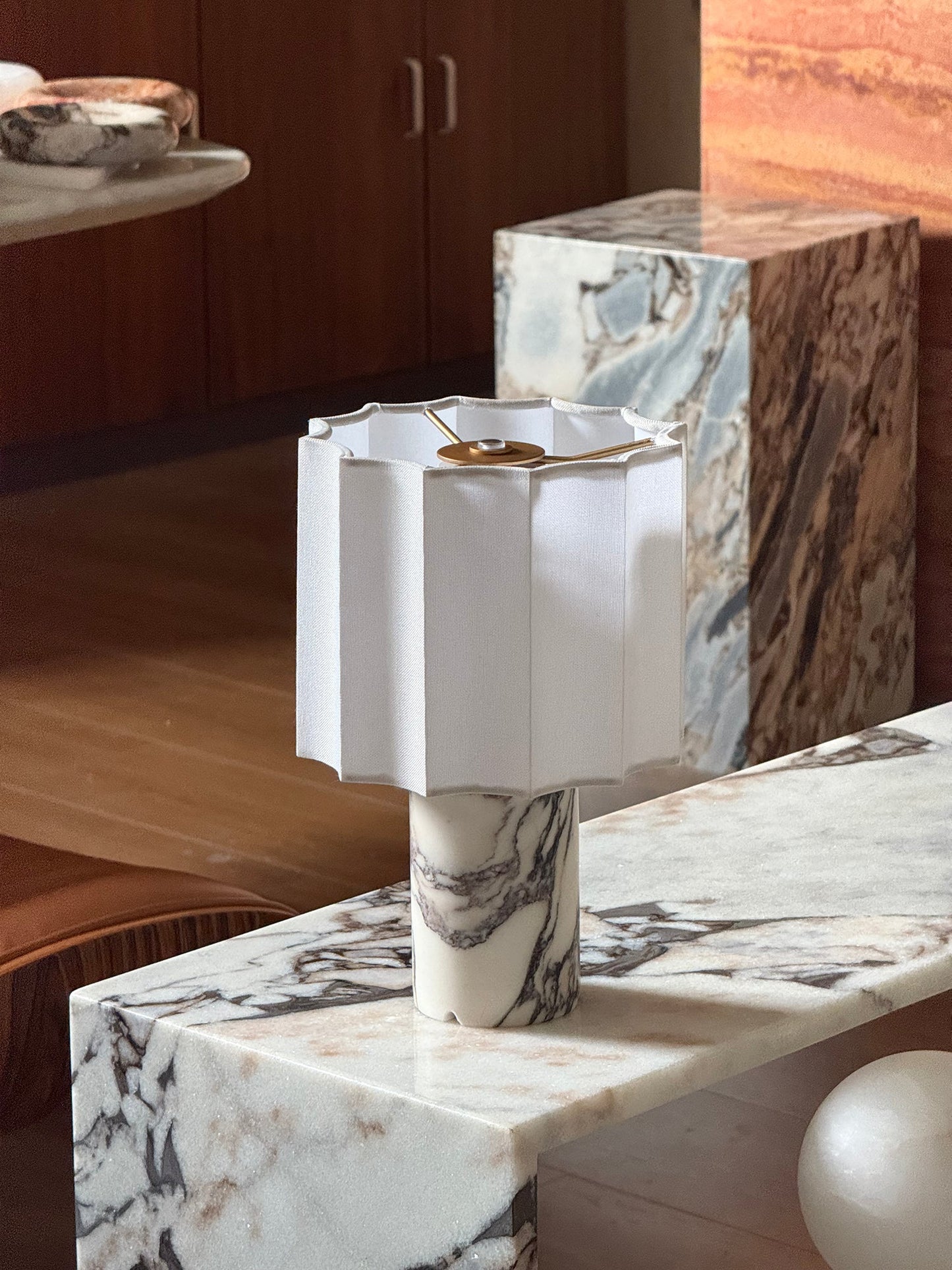 Valli Table Lamp (Built-in Battery) - Cordless Bulgari Marble Rechargeable Desk Light | Portable Fabric Shade Accent Lamp