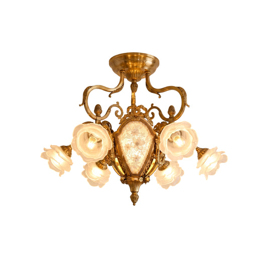 Vanderbilt Grand Medallion Ceiling Lamp - Gilded Age Brass & Frosted Rose Glass Chandelier | 6-Light Vintage Flush Mount
