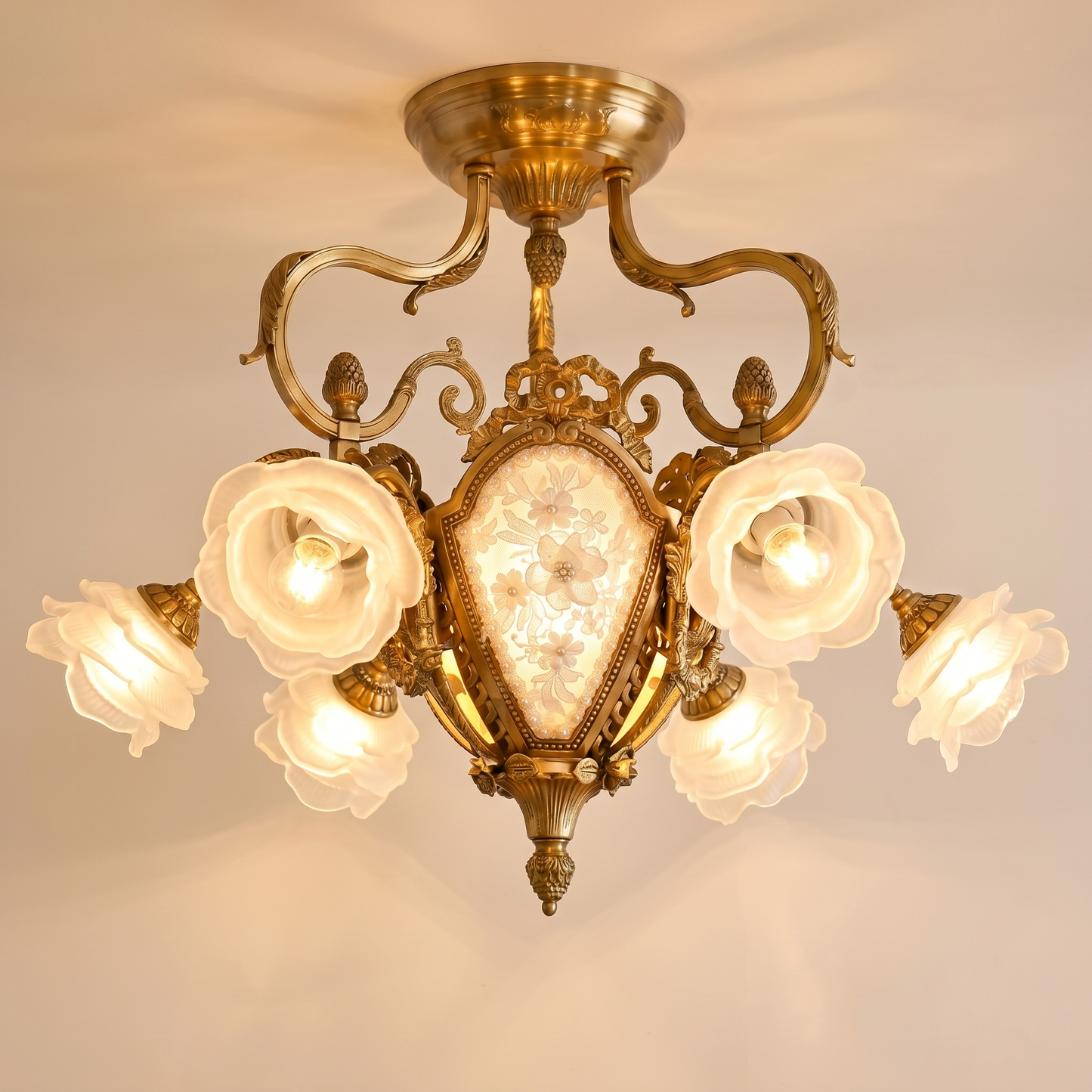 Vanderbilt Grand Medallion Ceiling Lamp - Gilded Age Brass & Frosted Rose Glass Chandelier | 6-Light Vintage Flush Mount