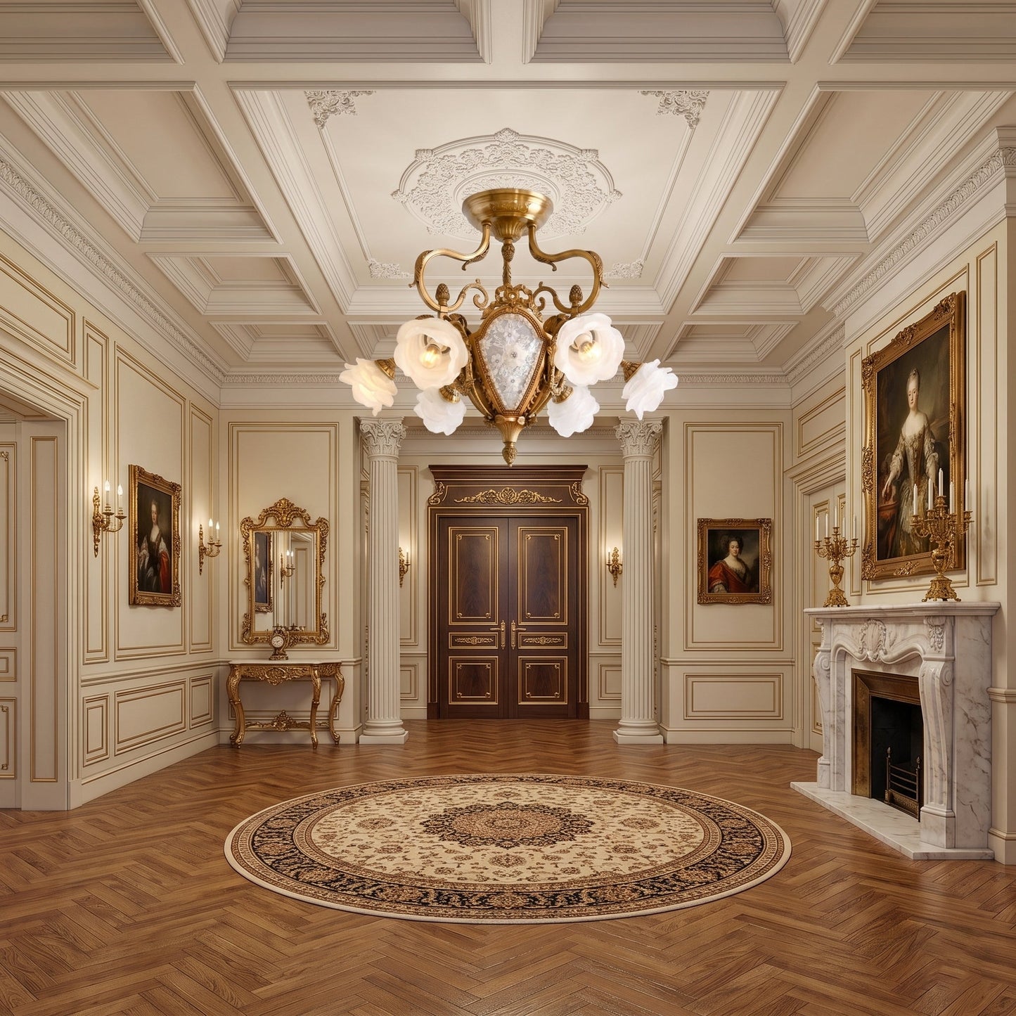 Vanderbilt Grand Medallion Ceiling Lamp - Gilded Age Brass & Frosted Rose Glass Chandelier | 6-Light Vintage Flush Mount