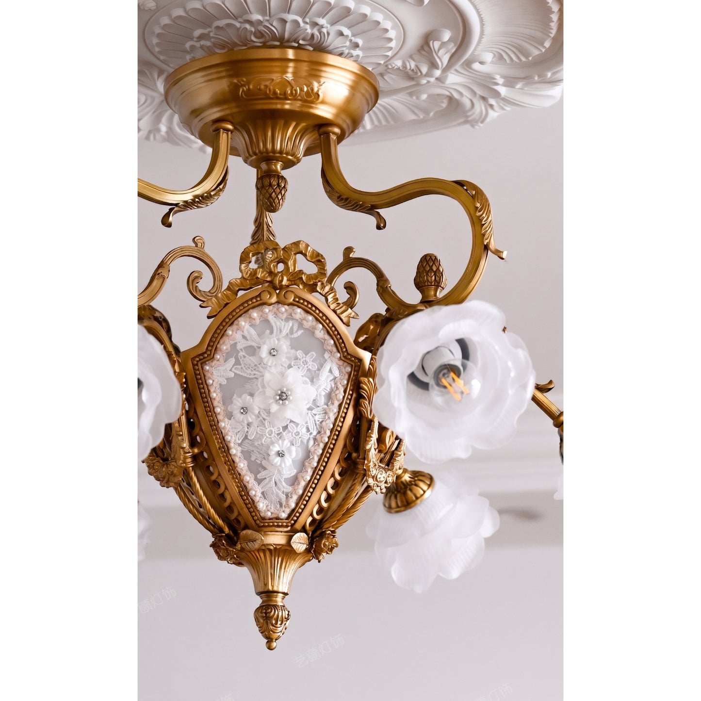 Vanderbilt Grand Medallion Ceiling Lamp - Gilded Age Brass & Frosted Rose Glass Chandelier | 6-Light Vintage Flush Mount