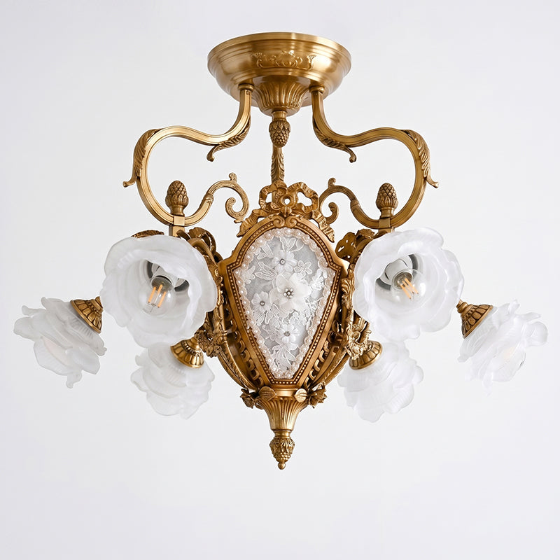 Vanderbilt Grand Medallion Ceiling Lamp - Gilded Age Brass & Frosted Rose Glass Chandelier | 6-Light Vintage Flush Mount