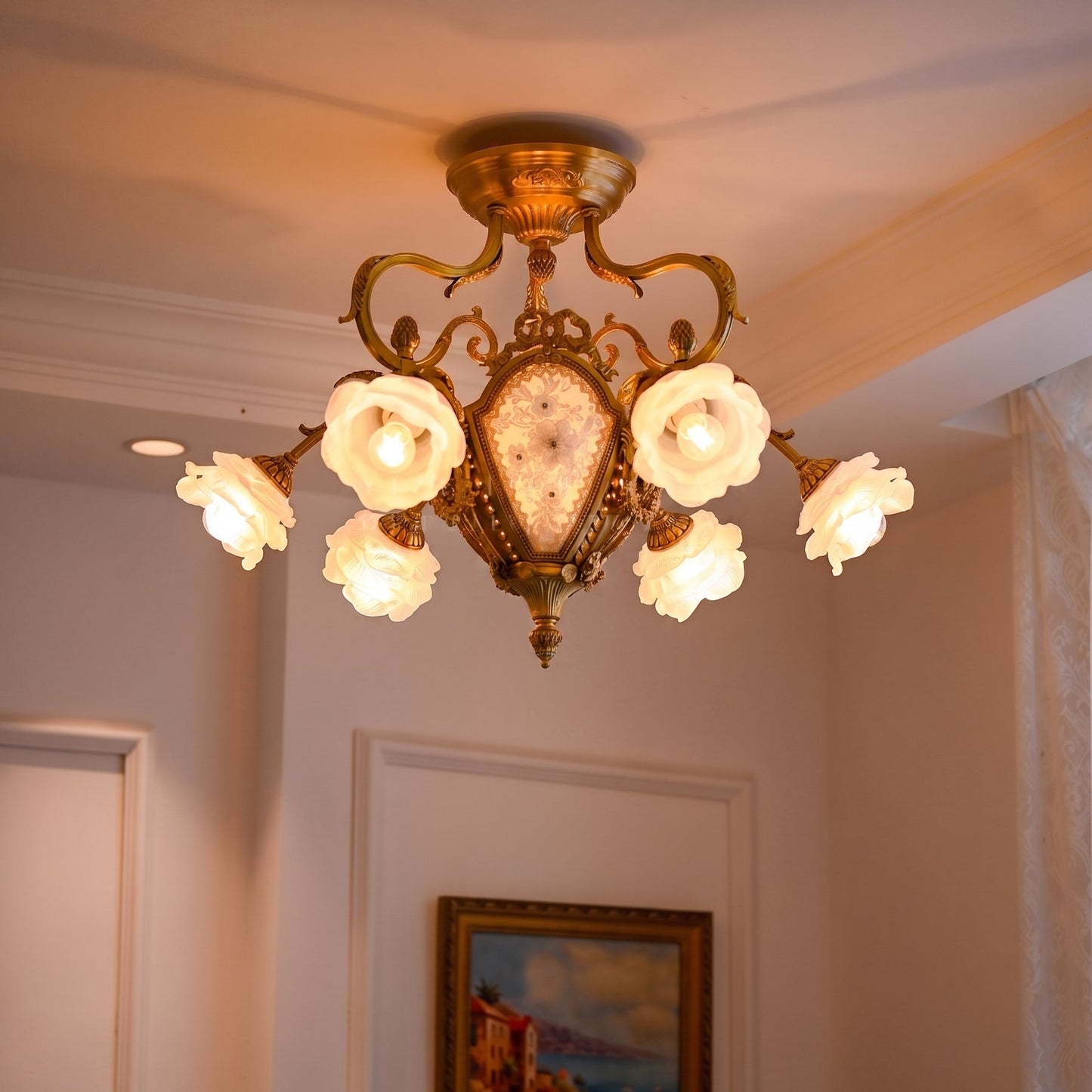 Vanderbilt Grand Medallion Ceiling Lamp - Gilded Age Brass & Frosted Rose Glass Chandelier | 6-Light Vintage Flush Mount