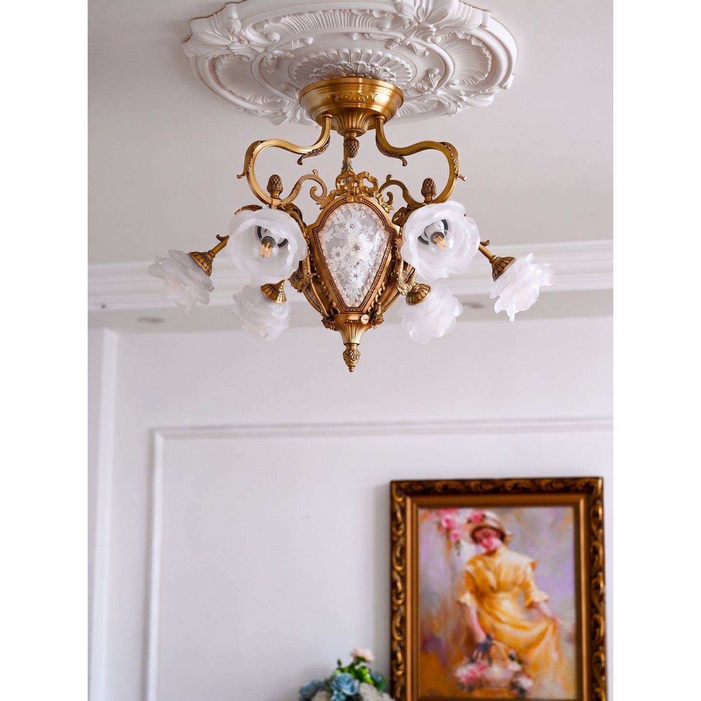 Vanderbilt Grand Medallion Ceiling Lamp - Gilded Age Brass & Frosted Rose Glass Chandelier | 6-Light Vintage Flush Mount