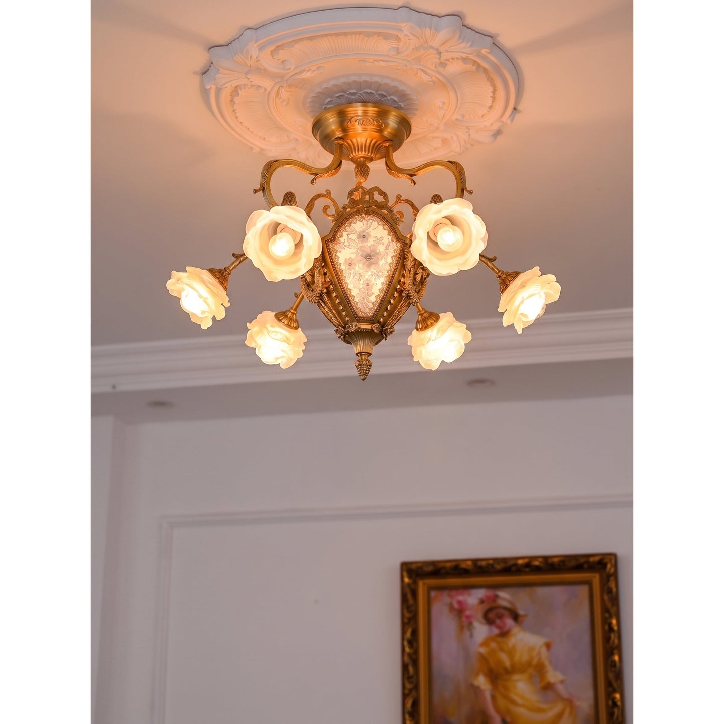 Vanderbilt Grand Medallion Ceiling Lamp - Gilded Age Brass & Frosted Rose Glass Chandelier | 6-Light Vintage Flush Mount