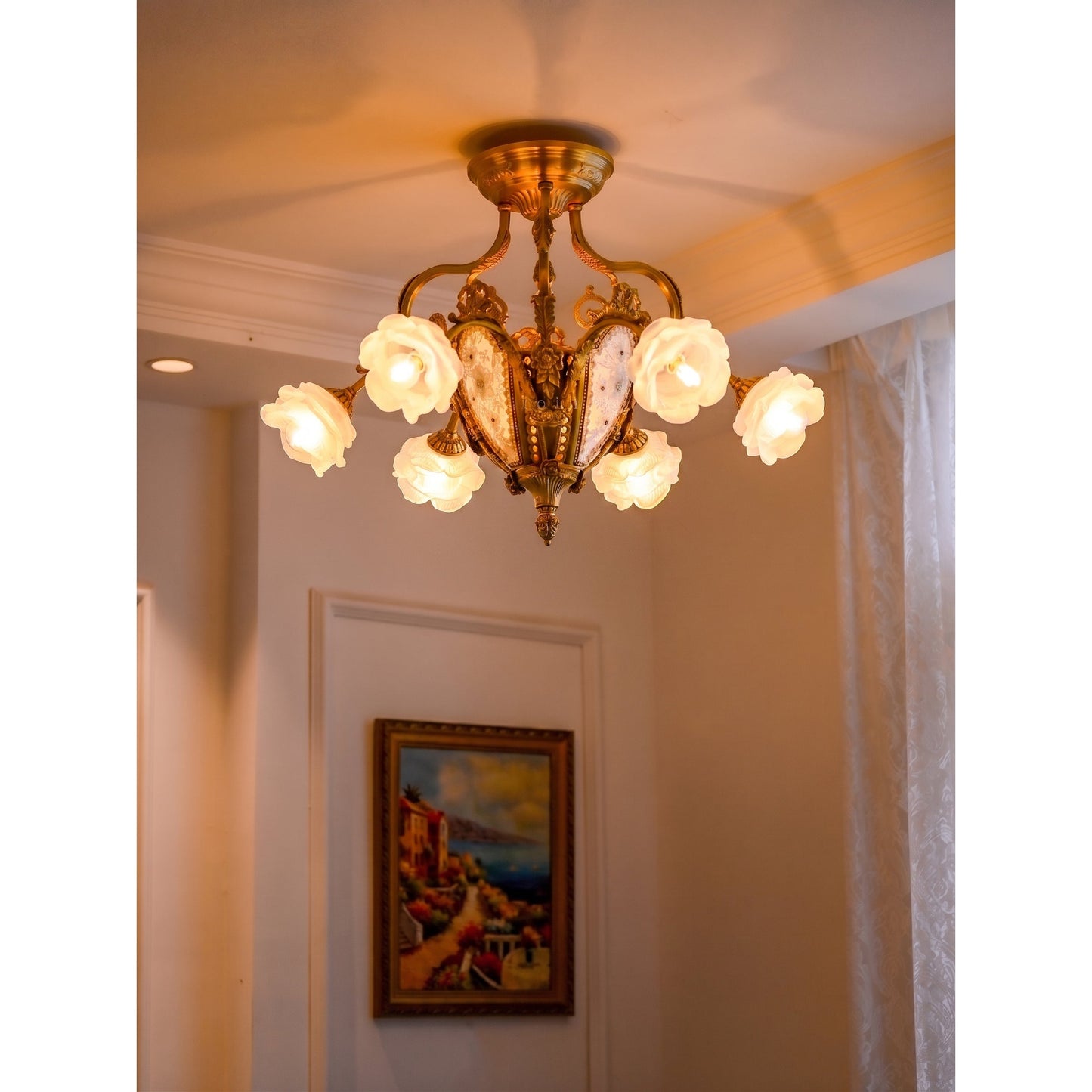 Vanderbilt Grand Medallion Ceiling Lamp - Gilded Age Brass & Frosted Rose Glass Chandelier | 6-Light Vintage Flush Mount