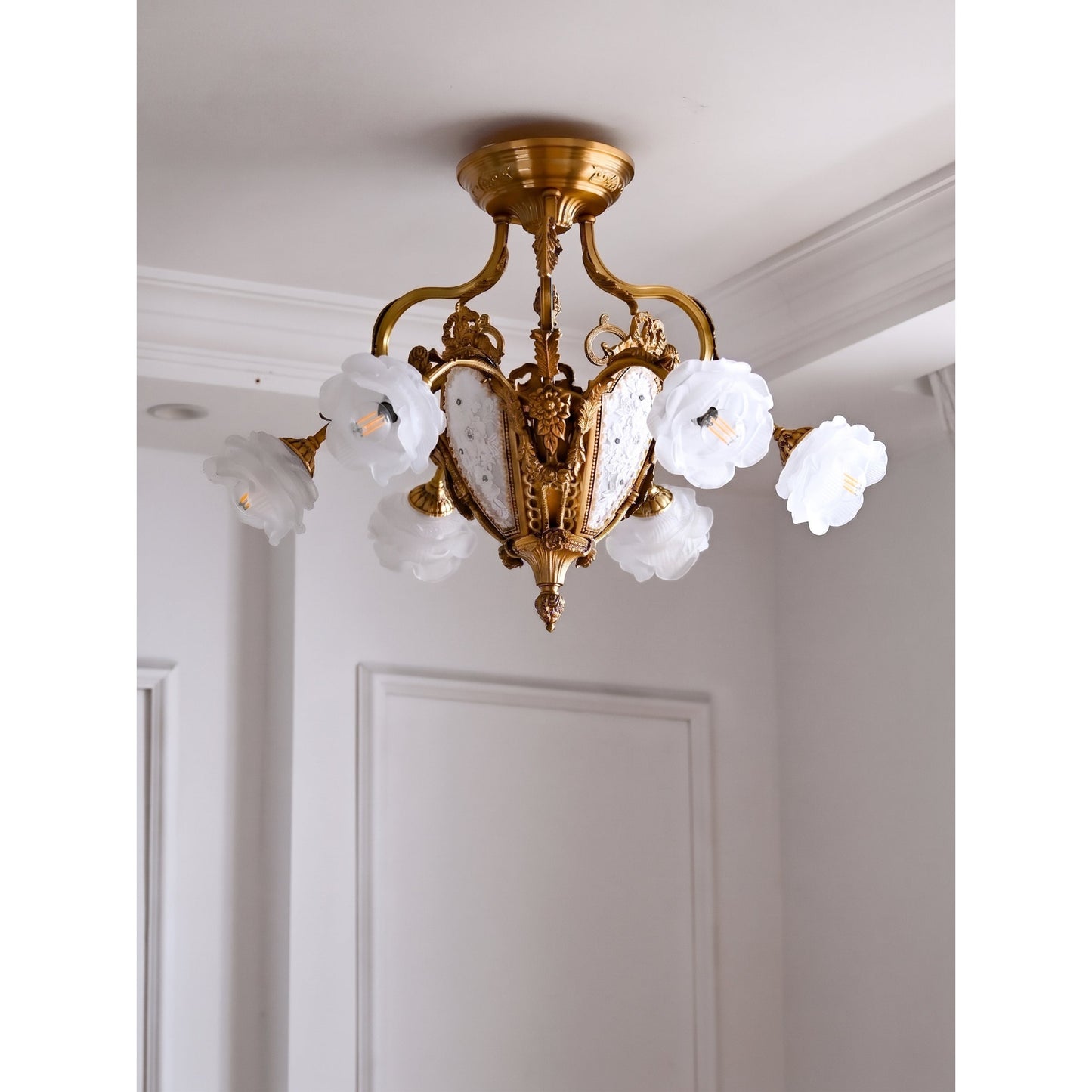 Vanderbilt Grand Medallion Ceiling Lamp - Gilded Age Brass & Frosted Rose Glass Chandelier | 6-Light Vintage Flush Mount