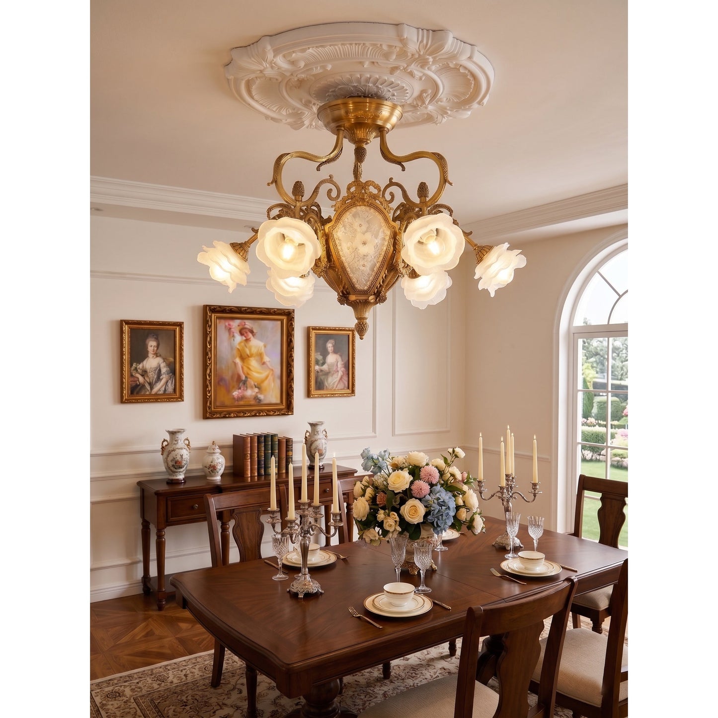 Vanderbilt Grand Medallion Ceiling Lamp - Gilded Age Brass & Frosted Rose Glass Chandelier | 6-Light Vintage Flush Mount