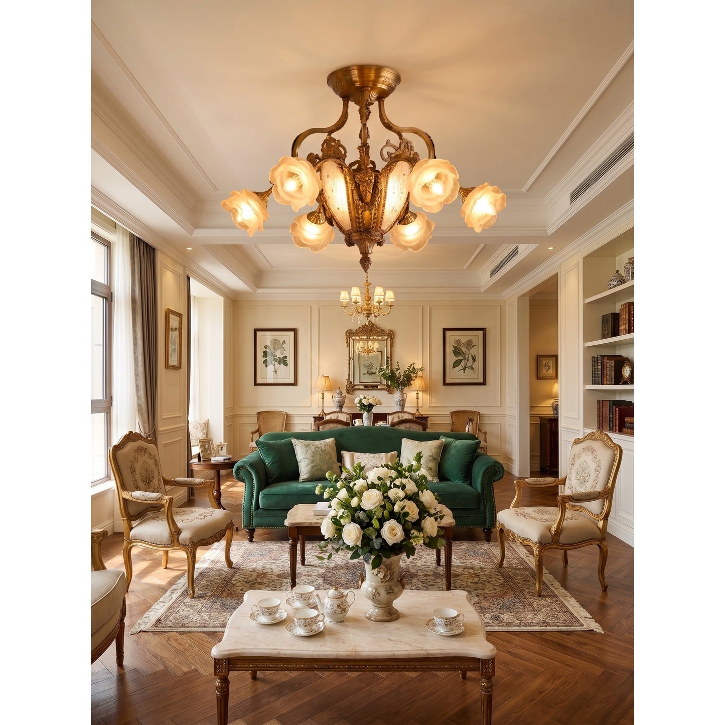 Vanderbilt Grand Medallion Ceiling Lamp - Gilded Age Brass & Frosted Rose Glass Chandelier | 6-Light Vintage Flush Mount