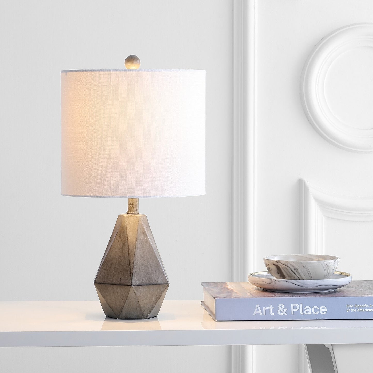 Vaughn Table Lamp - Geometric Wooden Base & Fabric Shade Bedside Light | Modern Chic Accent Desk Lamp