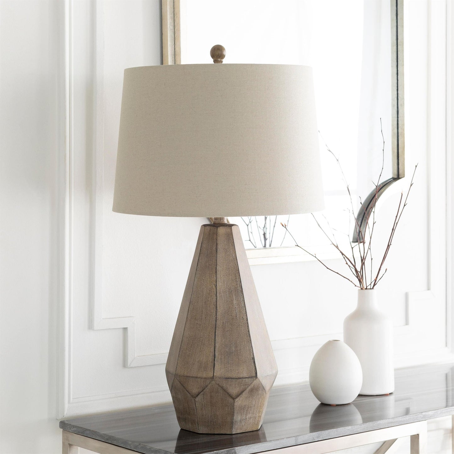 Vaughn Table Lamp - Geometric Wooden Base & Fabric Shade Bedside Light | Modern Chic Accent Desk Lamp
