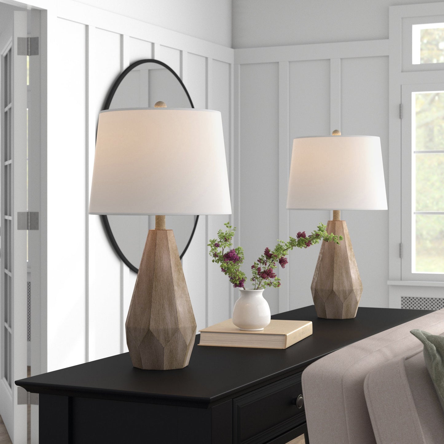 Vaughn Table Lamp - Geometric Wooden Base & Fabric Shade Bedside Light | Modern Chic Accent Desk Lamp