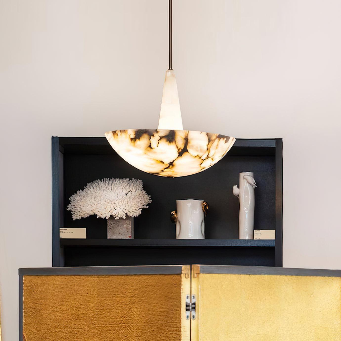 Veined Alabaster Pendant Lamp - Natural Spanish Alabaster Chandelier | Sculptural LED Stone Hanging Light