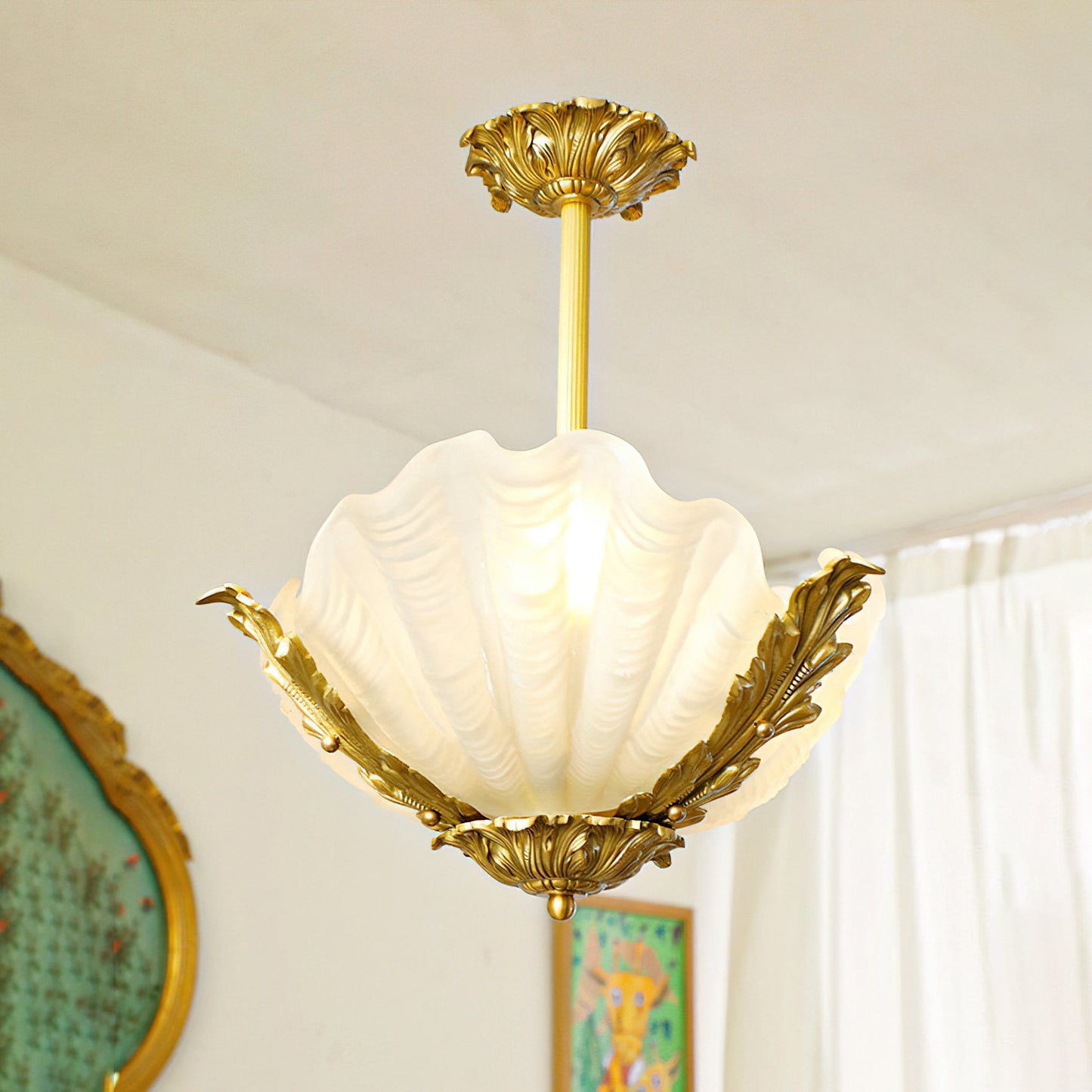 Velmira Shell Ceiling Lamp - Coastal Clam Shell Frosted Glass Sconce | Antiqued Brass Semi-Flush Mount Light