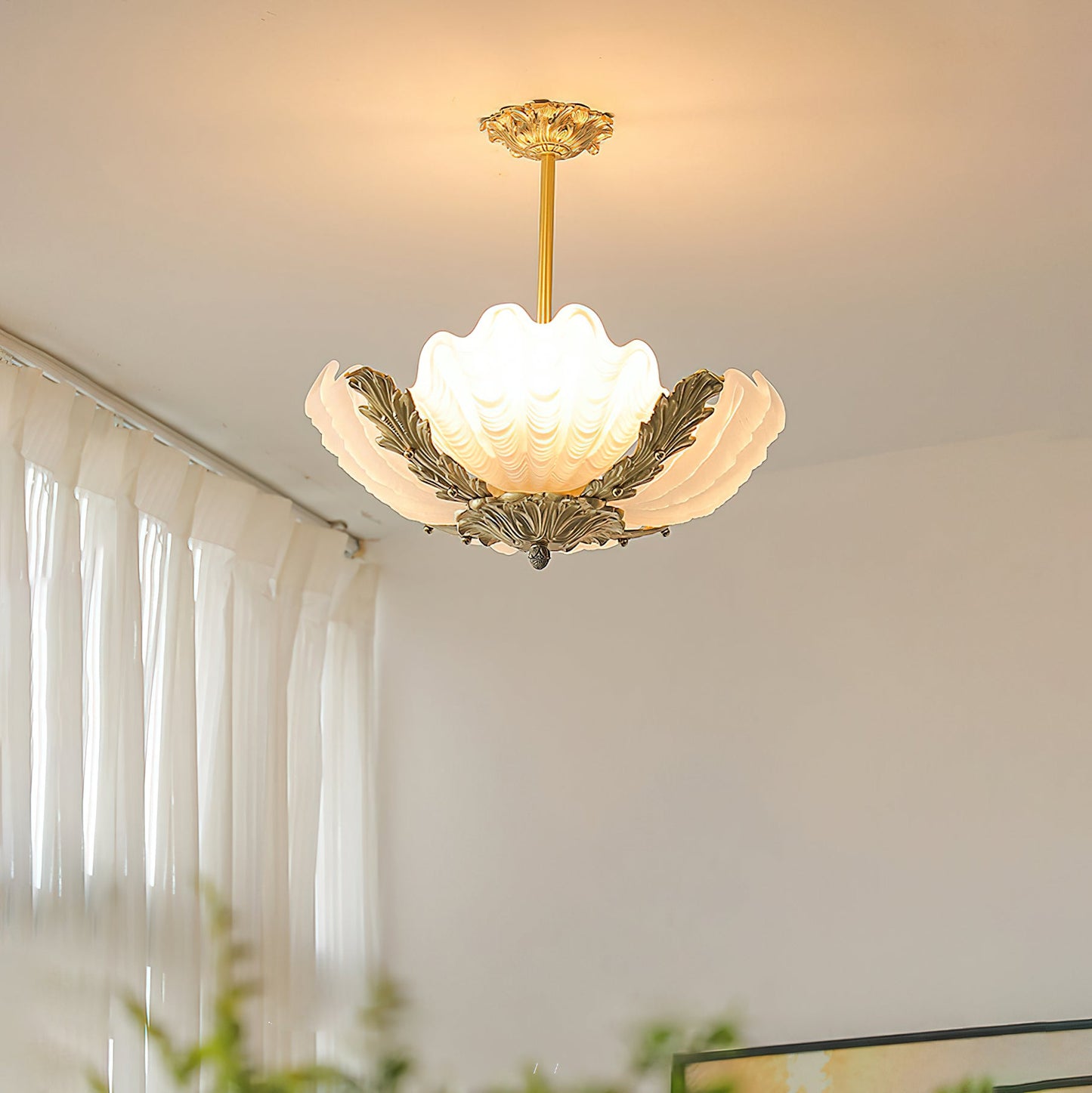 Velmira Shell Ceiling Lamp - Coastal Clam Shell Frosted Glass Sconce | Antiqued Brass Semi-Flush Mount Light