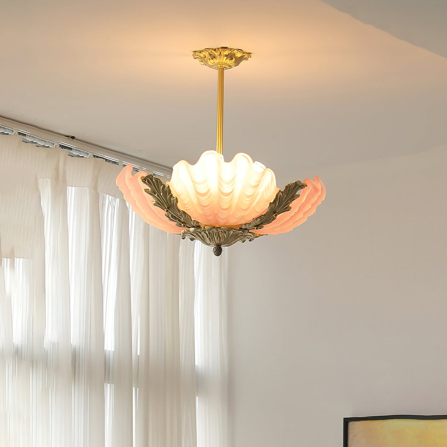 Velmira Shell Ceiling Lamp - Coastal Clam Shell Frosted Glass Sconce | Antiqued Brass Semi-Flush Mount Light