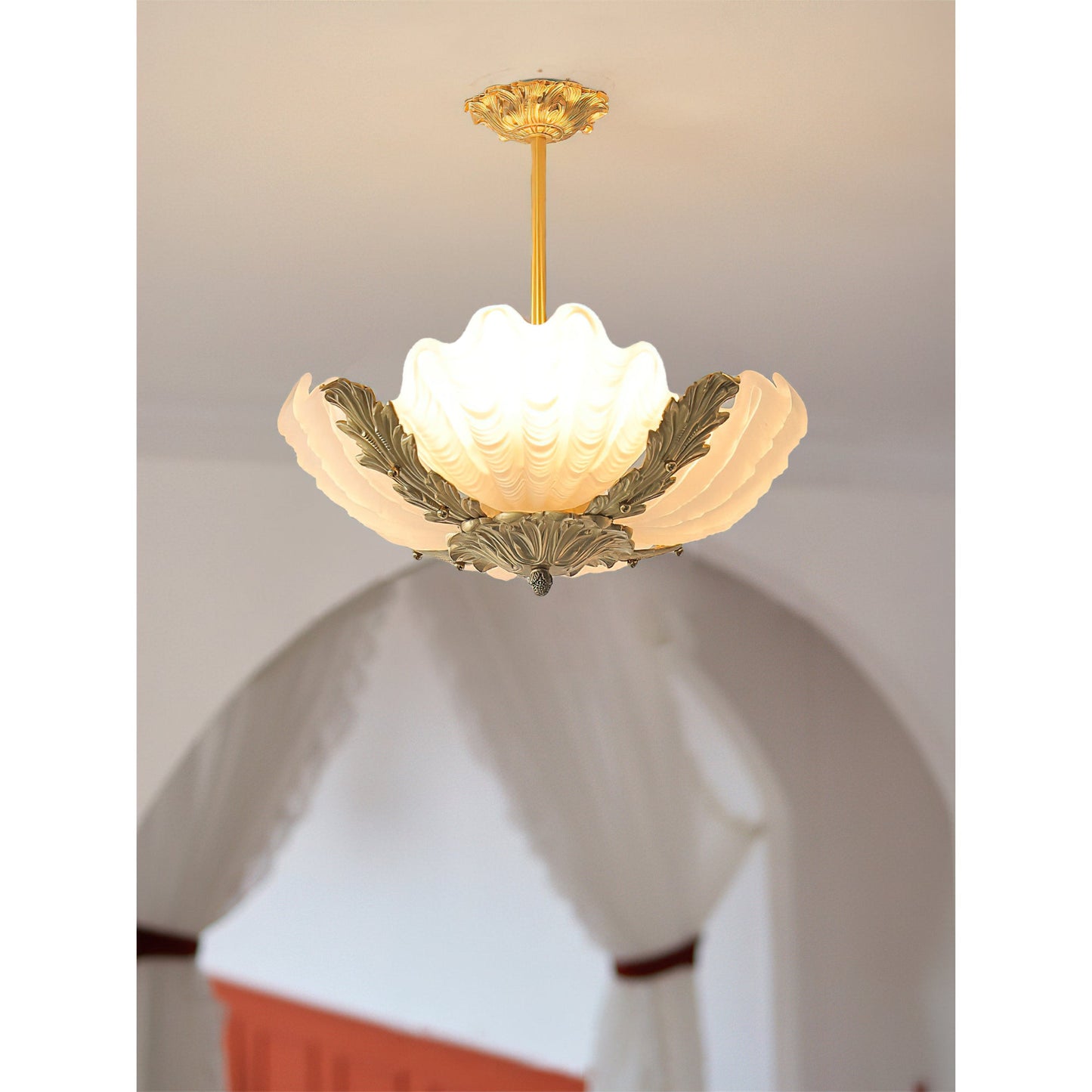 Velmira Shell Ceiling Lamp - Coastal Clam Shell Frosted Glass Sconce | Antiqued Brass Semi-Flush Mount Light