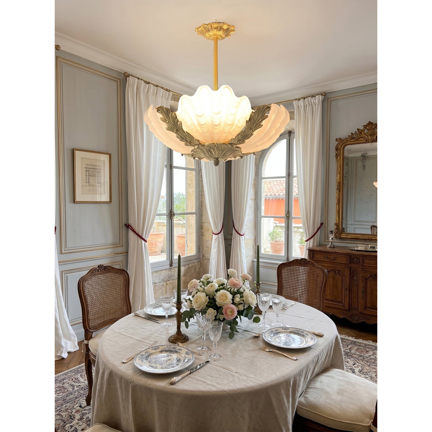 Velmira Shell Ceiling Lamp - Coastal Clam Shell Frosted Glass Sconce | Antiqued Brass Semi-Flush Mount Light