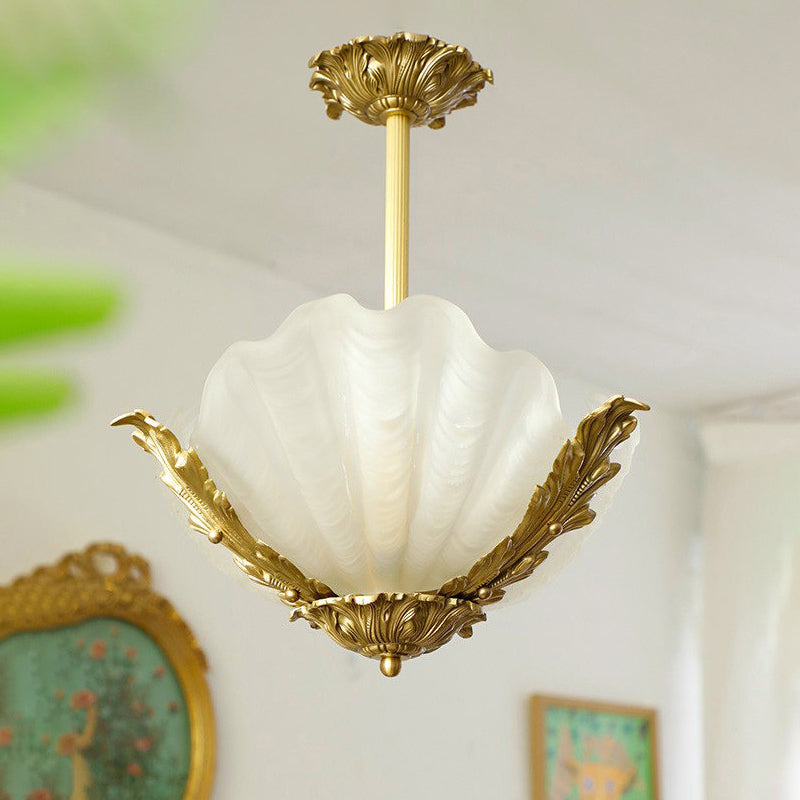 Velmira Shell Ceiling Lamp - Coastal Clam Shell Frosted Glass Sconce | Antiqued Brass Semi-Flush Mount Light