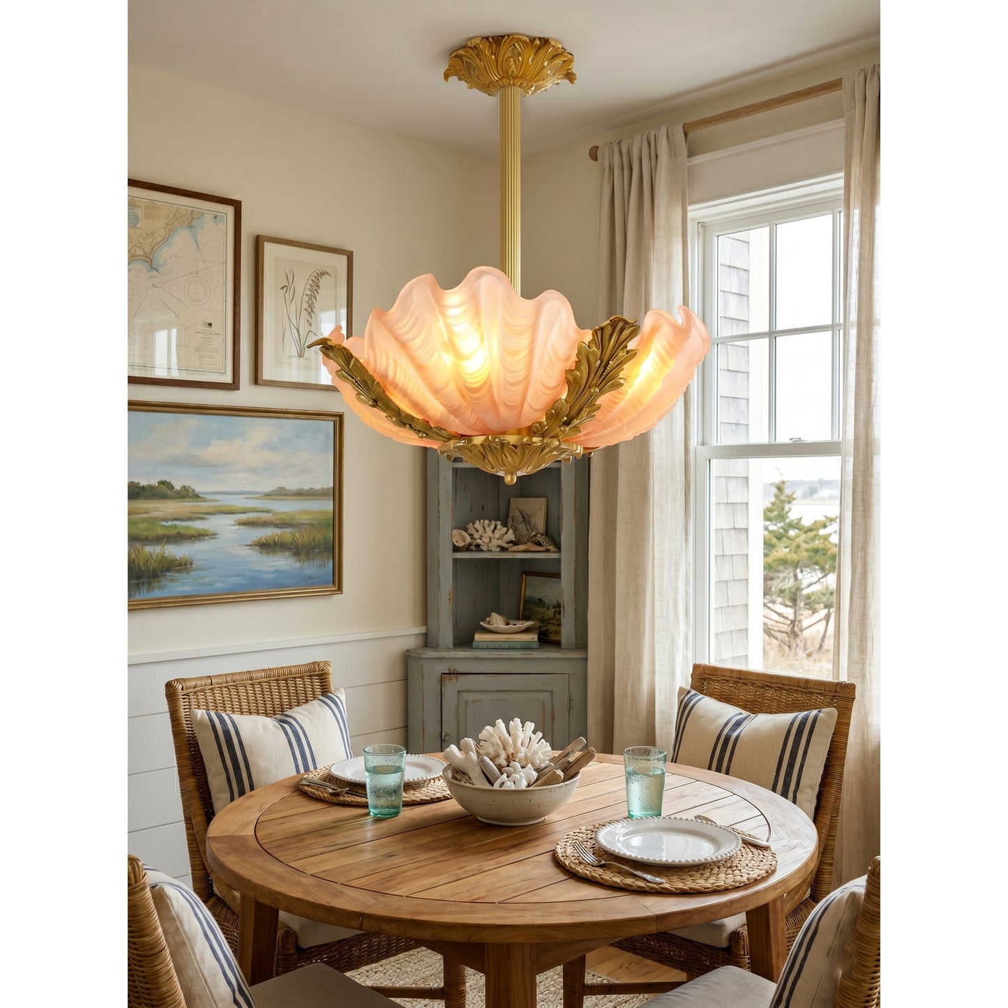 Velmira Shell Ceiling Lamp - Coastal Clam Shell Frosted Glass Sconce | Antiqued Brass Semi-Flush Mount Light