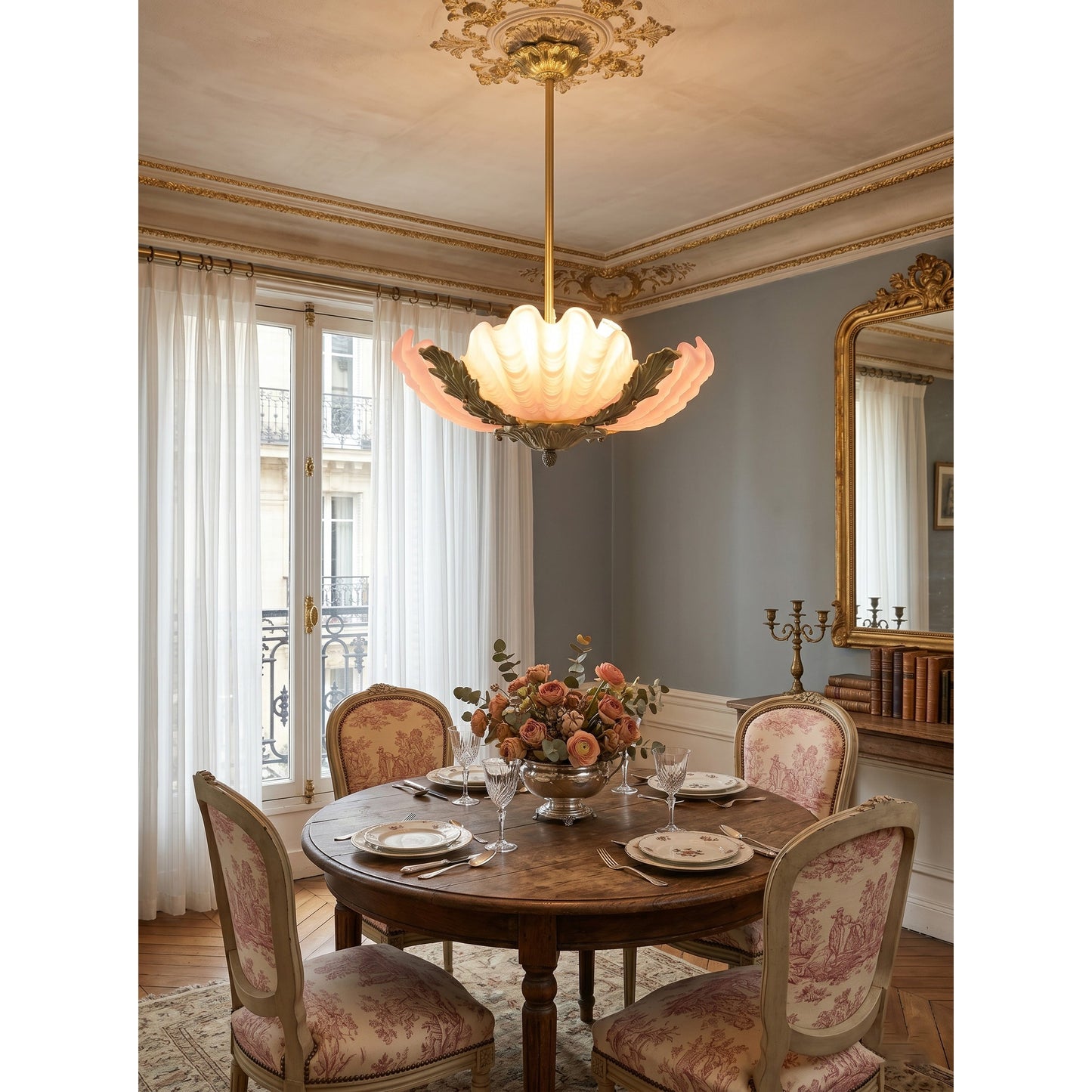 Velmira Shell Ceiling Lamp - Coastal Clam Shell Frosted Glass Sconce | Antiqued Brass Semi-Flush Mount Light