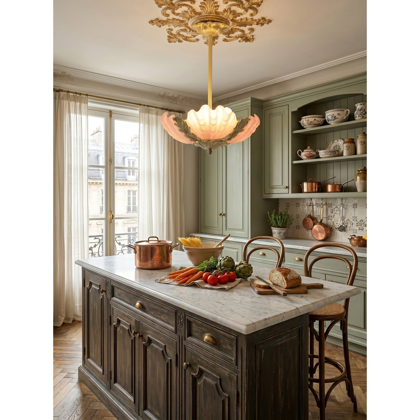 Velmira Shell Ceiling Lamp - Coastal Clam Shell Frosted Glass Sconce | Antiqued Brass Semi-Flush Mount Light