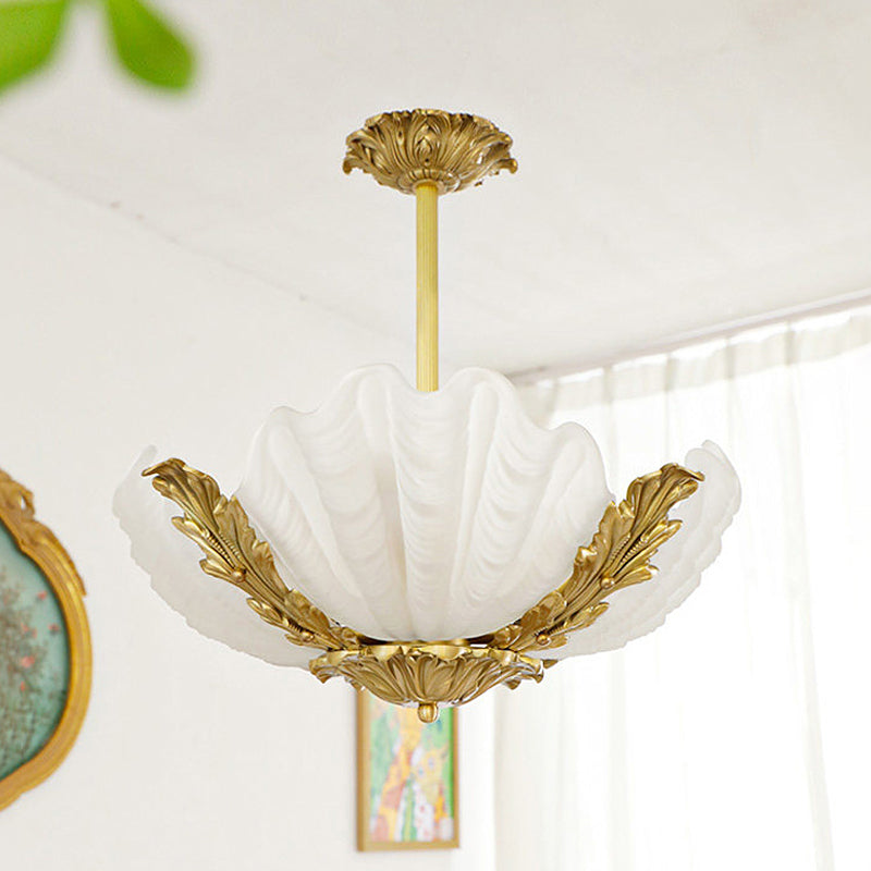 Velmira Shell Ceiling Lamp - Coastal Clam Shell Frosted Glass Sconce | Antiqued Brass Semi-Flush Mount Light